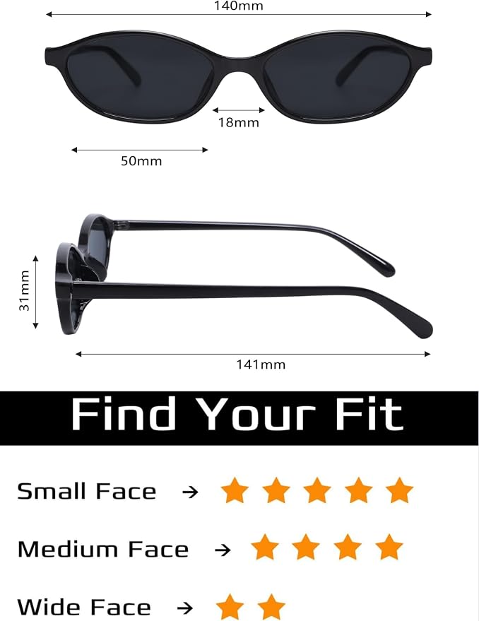 Lightweight, narrow oval sunglasses with a retro 90s vibe and 100% UV protection for vintage glamour.