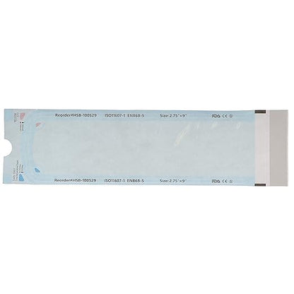 HSB 100529, Self-Seal Sterilization Pouches, Paper/Film, Blue, 2.75" x 9", Triple Seal & Heat Processed, Air-Tight, with Steam Indicator for Complete Sterilization, 200/Bx