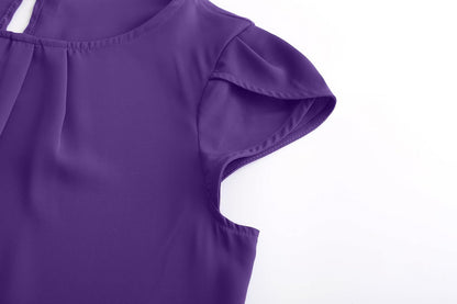TASAMO Women's Casual Round Neck Basic Pleated Top Cap Sleeve Curved Keyhole Back Chiffon Blouse.