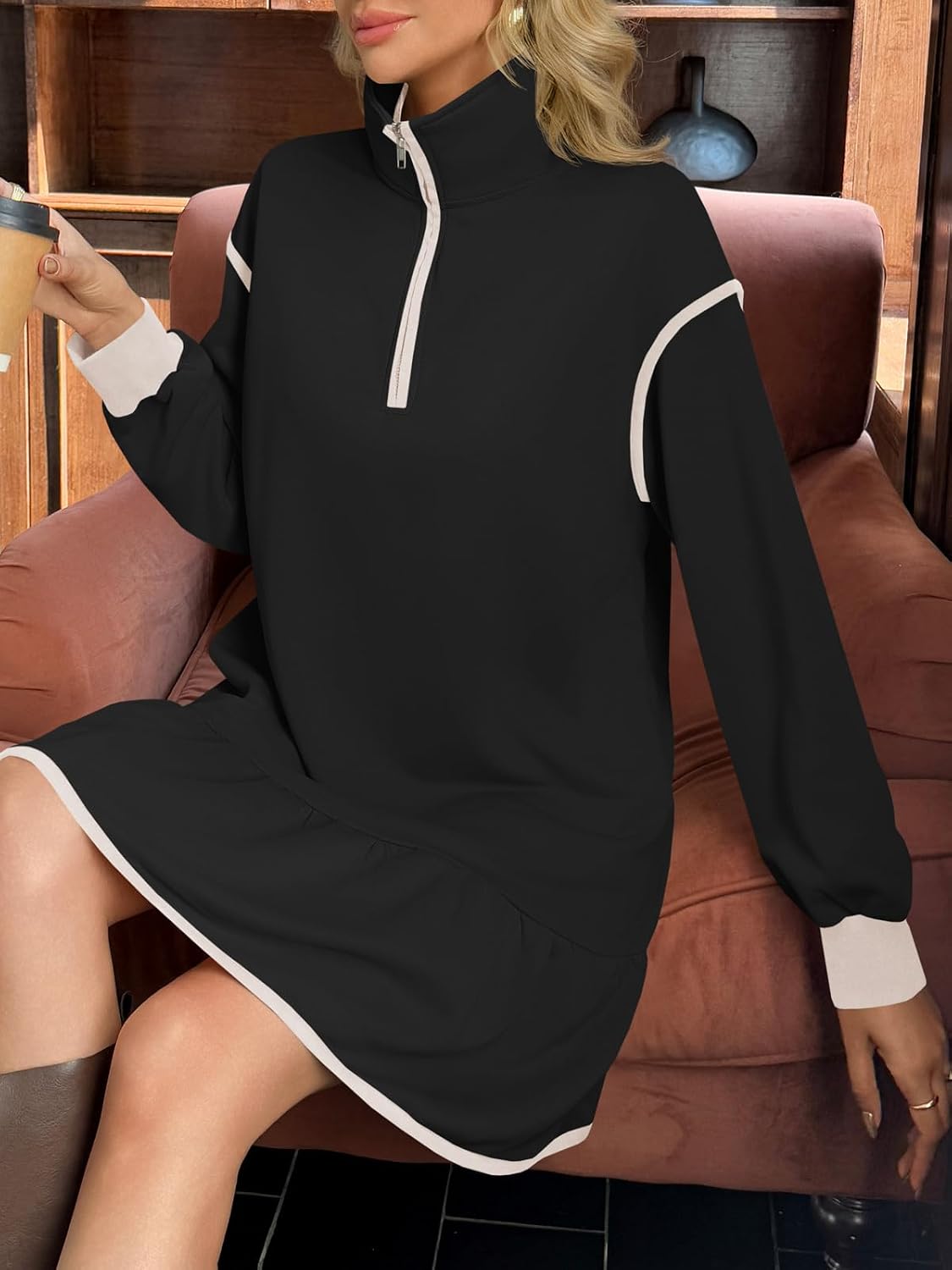 Wenrine Womens 2025 Fall Oversized Sweatshirt Dress Casual Long Sleeve Quarter Zip Ruffle Hem Pullover Mini Dresses