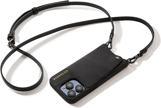 Bandolier Emma Crossbody Wallet Phone Case for iPhone 14 Pro. 100 Genuine Pebble Leather. Adjustable  Removable Crossbody Strap. Card Holder with Snap Closure. Black with Pewter Hardware