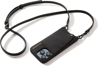 Bandolier Emma Crossbody Wallet Phone Case for iPhone 14 Pro. 100 Genuine Pebble Leather. Adjustable  Removable Crossbody Strap. Card Holder with Snap Closure. Black with Pewter Hardware