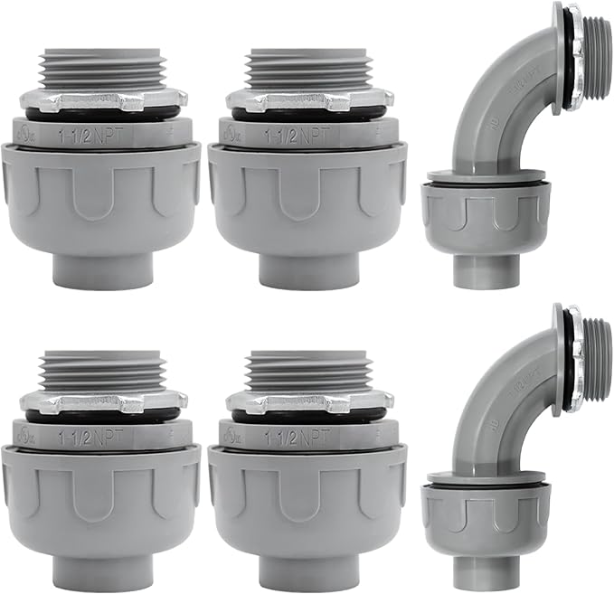 1-12 inch Liquid Tight Connector PVC Flexible Conduit Connector, 180 Degree and 90 Degree UL Listed, Non-Metallic Electrical Conduit Fittings 6 Pack(4 pcs 180D2 pcs 90D)