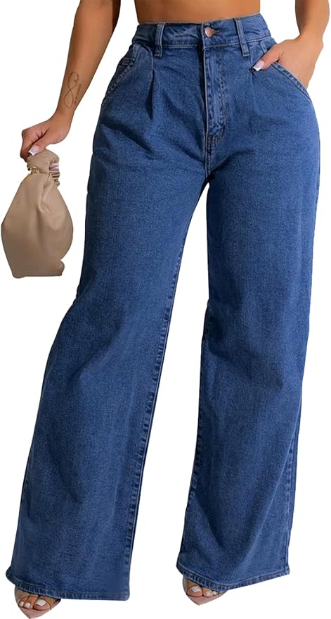 Light blue In Color, ZERMOM Women's Wide Leg Jeans Casual Stretch High Rise Baggy Loose Denim Pants