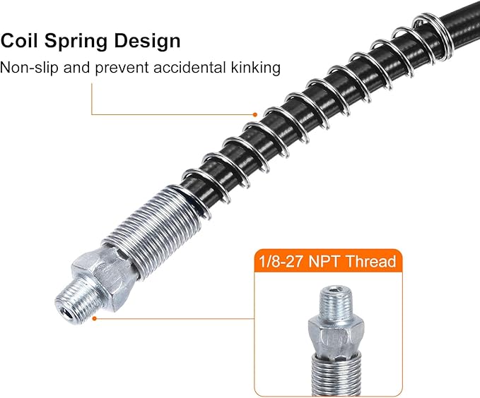 HARFINGTON Grease Gun Hose 31.5" 10000 PSI Spring Flex High Pressure Quick Release Grease Replacement with Coupler 18" NPT Threads for Grease Gun, Black