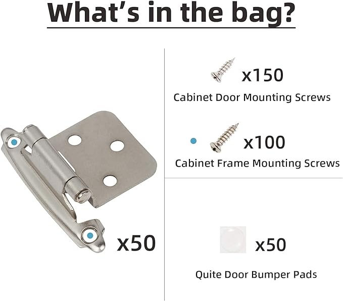 DecoBasics Cabinet Hinges Brushed Nickel for Kitchen Cabinets Doors (25 Pair -50 Pcs) -1/2" Overlay (Variable) -Self Closing Kitchen Cabinet Hinges Flush Mount w/Silicon Bumpers & Hardware Screws