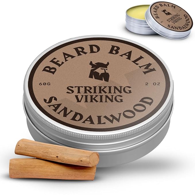 Striking Viking Beard Balm for Men  Light Hold, Sandalwood, 2 Oz - Leave-in Beard Conditioner with Shea Butter, Tea Tree, Argan  Jojoba Oils - Smooth, Shape  Moisturize Coarse, Dry Facial Hair
