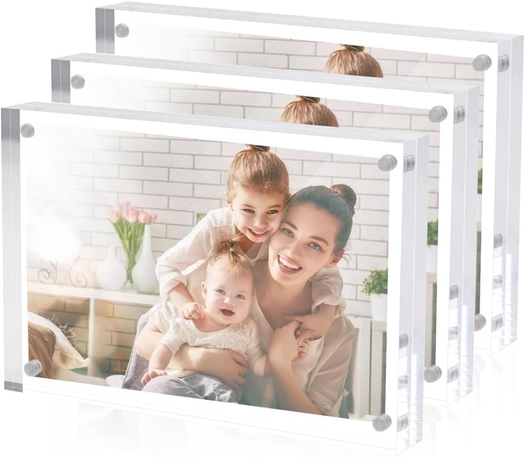 Sezanrpt 3 Pack Acrylic Picture Frames 5x7 Inch Free Standing, Clear Crystal 5'' x 7'' Picture Frame, Office Desktop Magnetic 5x7 Lucite Photo Frame for Specimens, Tickets, Stamps, Pictures Display