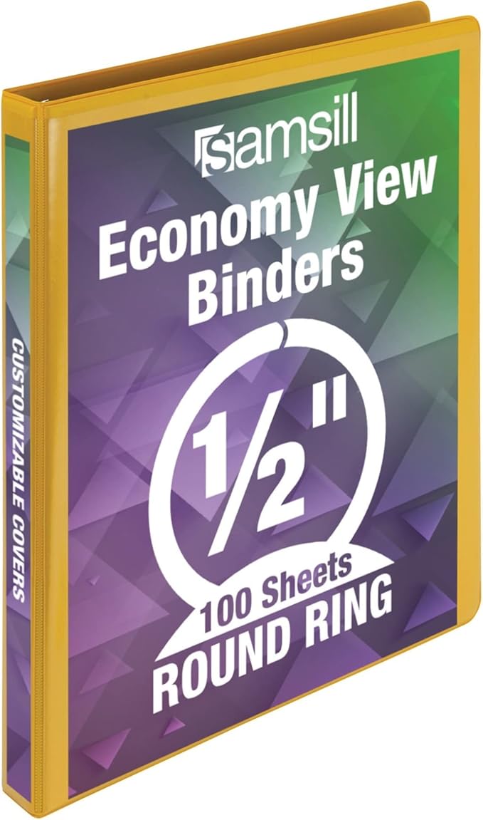 Samsill Economy 0.5 Inch 3 Ring Binder, Made in The USA, Round Ring Binder, Customizable Clear View Cover, Yellow (18515)