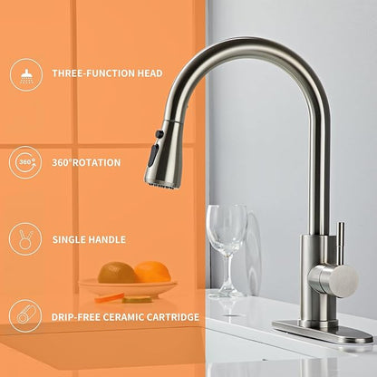 Kitchen Faucet with Pull Down Sprayer Brushed Nickel, High Arc Single Handle Sink Deck Plate, Commercial Modern rv Stainless Steel Faucets, Grifos De Cocina
