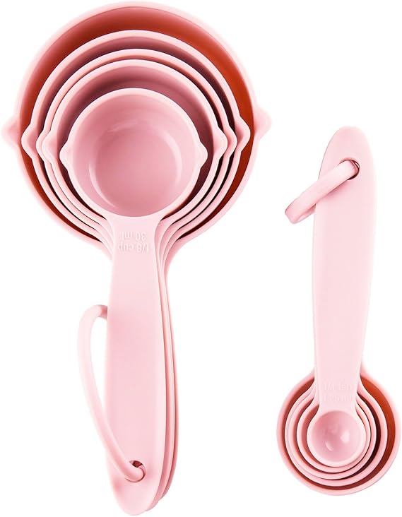 Plastic Measuring Cups and Spoons Set 10, Kids Plastic Measuring Cups and Spoons Set for Kitchen  Baking, Engraved US  Metric Plastic Measuring Cup  Spoons for Cooking Measure Use Pink