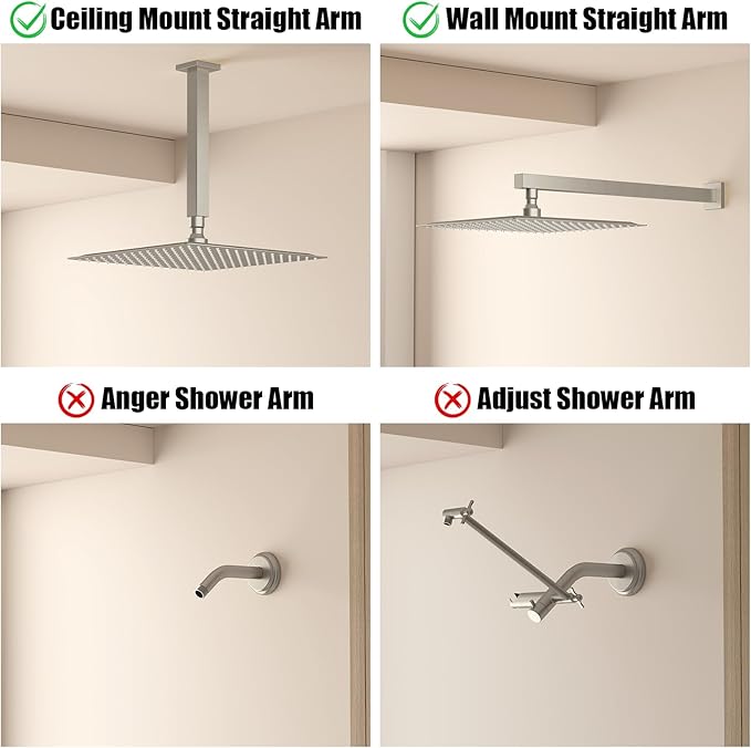 12 Inch Rain Shower Head, 12" Square Rainfall & High Pressure Stainless Steel Bath Shower Head, 1/16" Ultra Thin, Waterfall Full Body Coverage with Silicone Nozzle, Non Fingerprint Brushed Finish