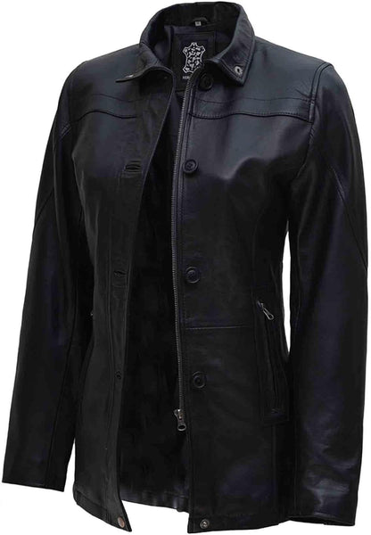 fjackets Leather Car Coats for Womens - Real Long Leather Jacket Women Premium Lambskin Leather Coat For Women