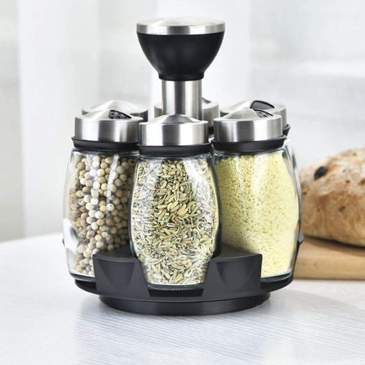 6-Jar Revolving Spice Rack Organizer Holder, Kitchen Countertop Seasoning Stand Organizer Include 6 Glass Jar Bottles, Great Gift For Chefs  Foodies (Spices Not Included)