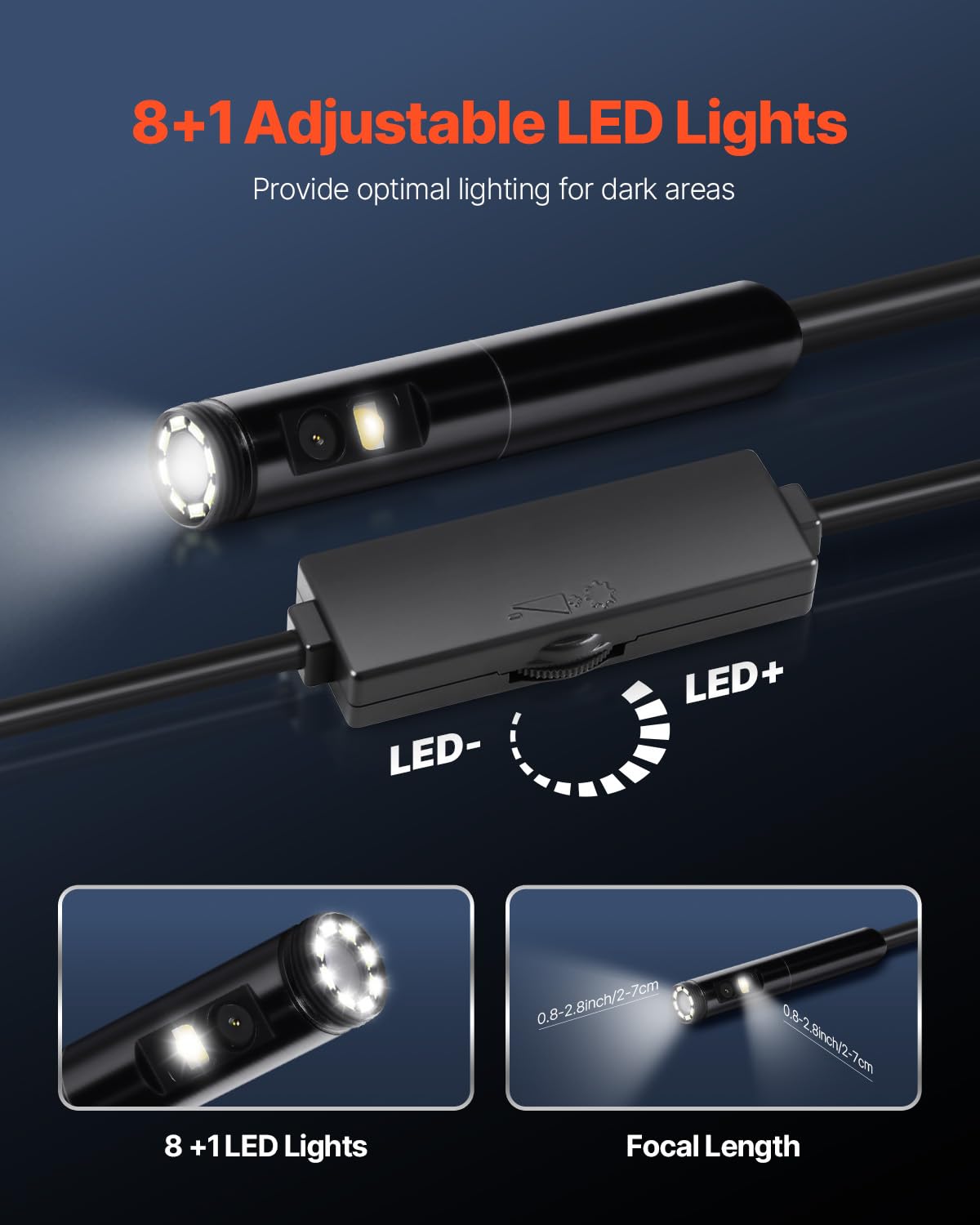 VEVOR Endoscope Camera with Light, Dual Lens Borescope for Android & iOS, 1920P HD Inspection Camera, 8 + 1 LED Lights, 2X Zoom, 10FT Snake Cable, IP67 Waterproof