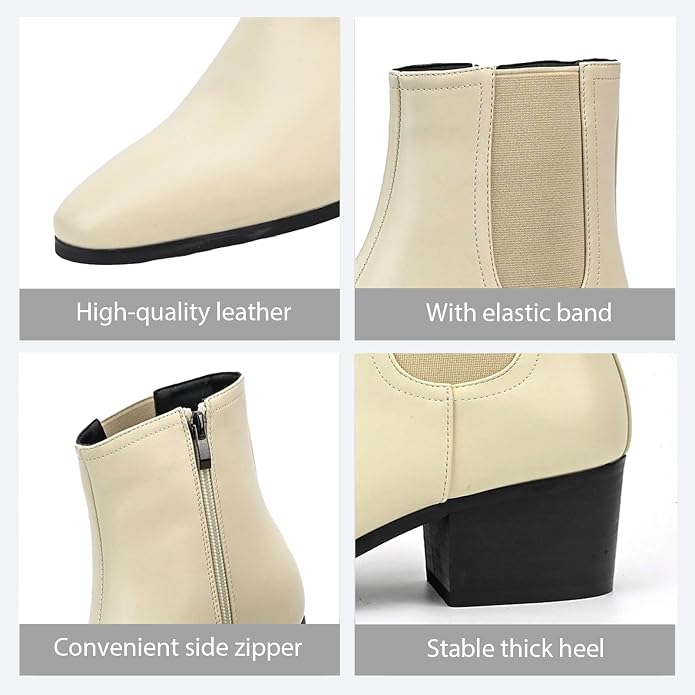 Size 45-Eu QEOSNBX Men'S Classic Leather Chunky Heel Chelsea Boots With Side Zipper Fashion Pointed Toe Elastic Band High Top Block High Heel Formal Chukka Booties For Casual Business Party Wedding