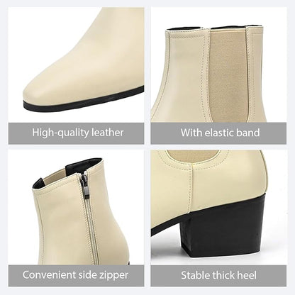 Size 45-Eu QEOSNBX Men'S Classic Leather Chunky Heel Chelsea Boots With Side Zipper Fashion Pointed Toe Elastic Band High Top Block High Heel Formal Chukka Booties For Casual Business Party Wedding
