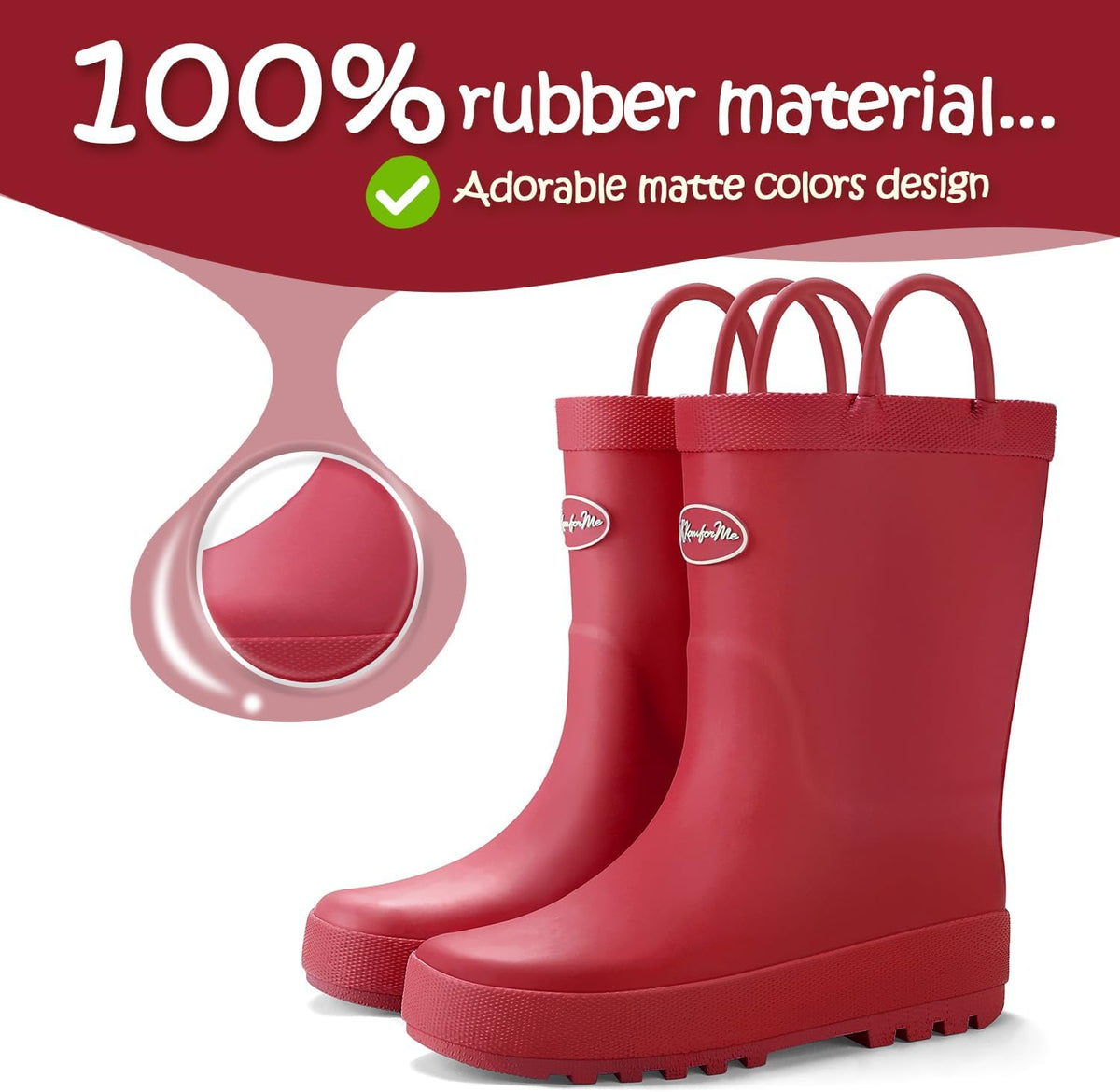 Kids Rain Boots, Waterproof Rubber Matte Boots with Easy-on Handles