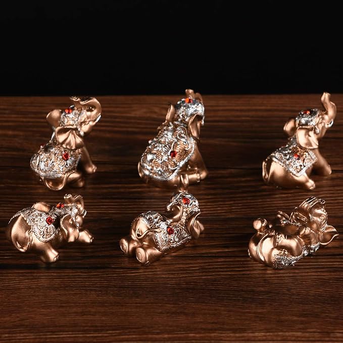 Brass Statu BRABUD Resin Small 6 Elephants Statues, Tabletop Decor, Gold Lucky Elephant Figurine, Home Office Shelf Decor Ornaments, Animal Lover Collectible Gift