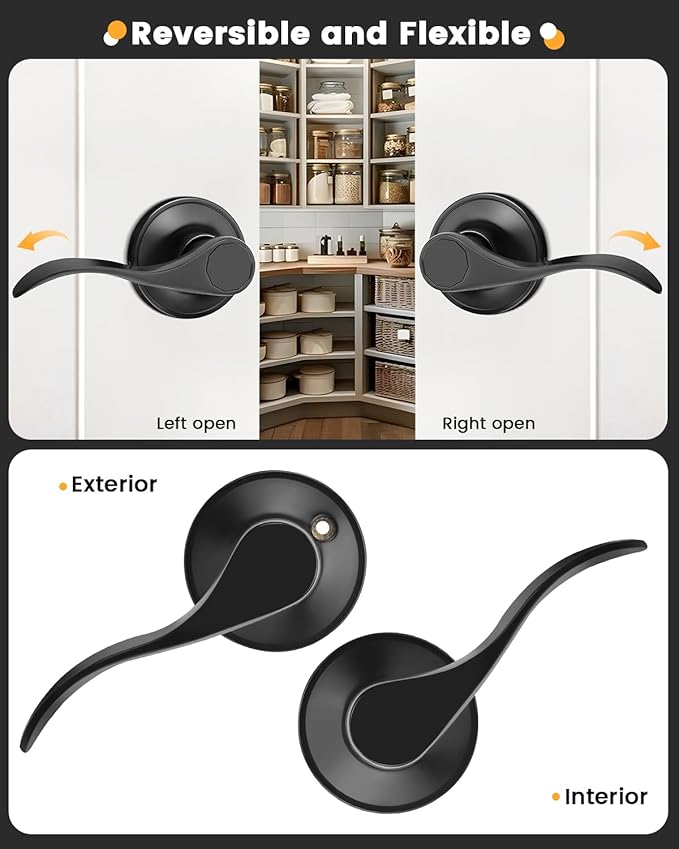Gobrico 1 Pack Matte Black Passage Interior Door Lever Handles, WaveDrop Style No Locking Reversible Door Knobs for Hallway Closet