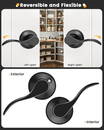 Gobrico 1 Pack Matte Black Passage Interior Door Lever Handles, WaveDrop Style No Locking Reversible Door Knobs for Hallway Closet
