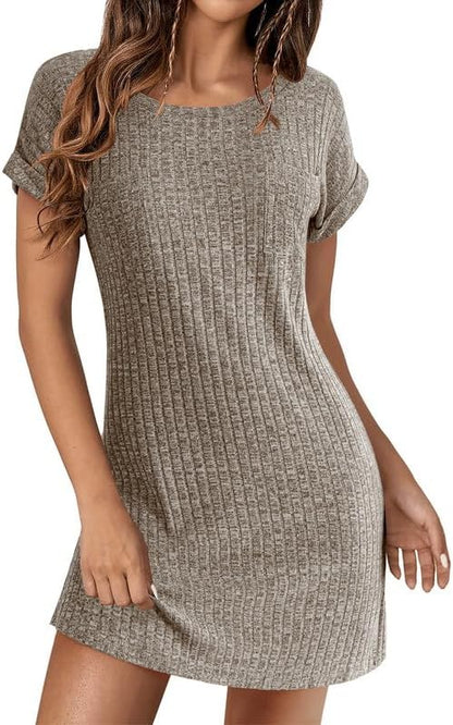 Ekouaer Women's Nightgown Ribbed Knit Sleepshirt Short Sleeve Nightshirt Casual Crew Neck Sleepwear
