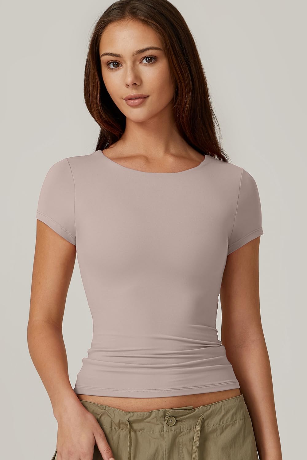 QINSEN Women's Crew Neck Short Sleeve Tees Double Lined Slim Fit T Shirt Basic Y2K Tops