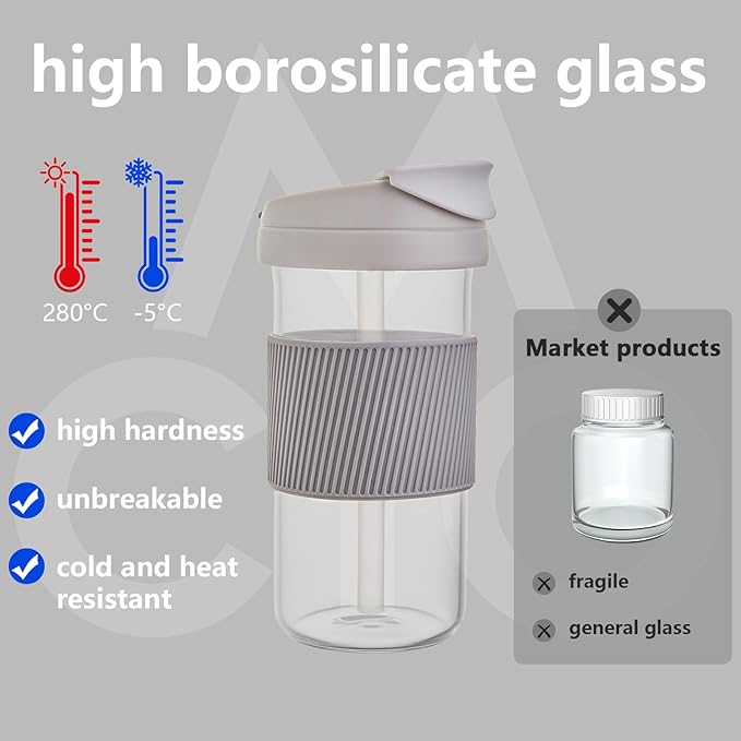 COMI Glass Travel Coffee Tumbler, Smoothie Cup Travel Dual-use Glass Coffee Cups with Lids Coffee Travel Cup with straw - 15 oz - Ash Grey