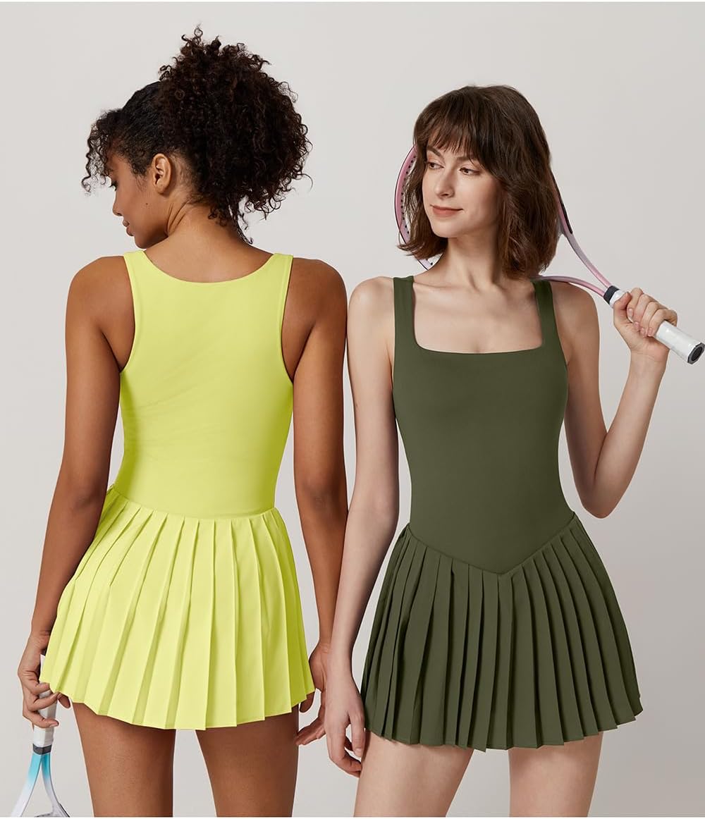 Womens Square Neck Tennis Dress Pleated Sleeveless Built in Shorts Golf Athletic Dress with Pockets