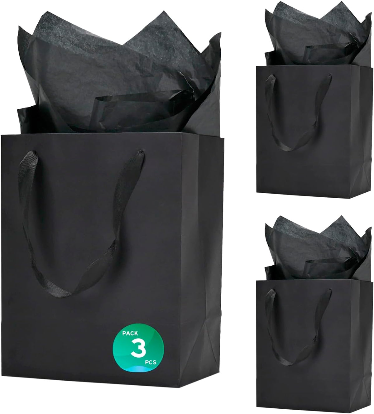 Aosric 3 Pack 8x5x10 In Black Gift Bags with Tissue Paper – Medium Sturdy & Reusable Boutique Gift Bags with Ribbon Handles for Party Favors, Wedding, Birthdays, Christmas and Holidays