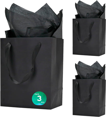 Aosric 3 Pack 8x5x10 In Black Gift Bags with Tissue Paper – Medium Sturdy & Reusable Boutique Gift Bags with Ribbon Handles for Party Favors, Wedding, Birthdays, Christmas and Holidays