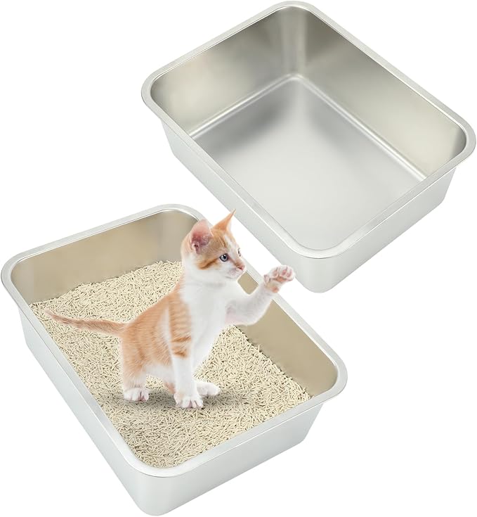 Rypet 2Packs Stainless Steel Litter Box Metal Litter Box for Cats High Back Litter Box Non-Stick Cat Poop BoxOoaEasy to Clean(17.7"13.8"5.9")