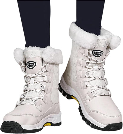 SACFOF Womens Snow Boots Winter Waterproof Warm Fur Lined Mid Calf Booties Lace Up Outdoor Anti-Slip Ankle Boots Walking Winter Shoes