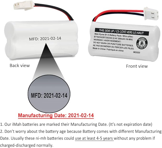iMah BT162342BT262342 2.4V 300mAh Ni-MH Cordless Phone Battery Pack, Also Compatible with BT183342BT283342 ATT EL52351 TL90070 VTech CS5119 DS6511 DS6722 LS6305 Handset, 2-Pack