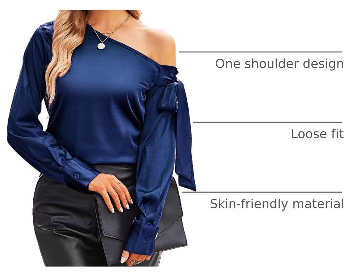 VIDUSSA Women's Off Shoulder Tops Satin Silk Shirts Casual Dressy Blouse Long Sleeve Office Work Tunics