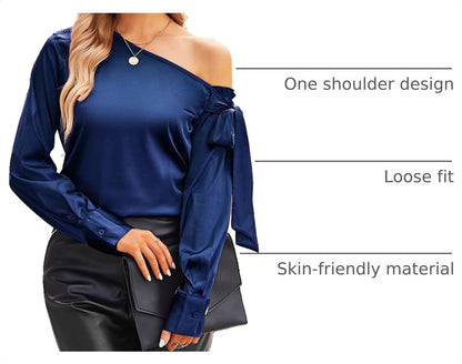 VIDUSSA Women's Off Shoulder Tops Satin Silk Shirts Casual Dressy Blouse Long Sleeve Office Work Tunics