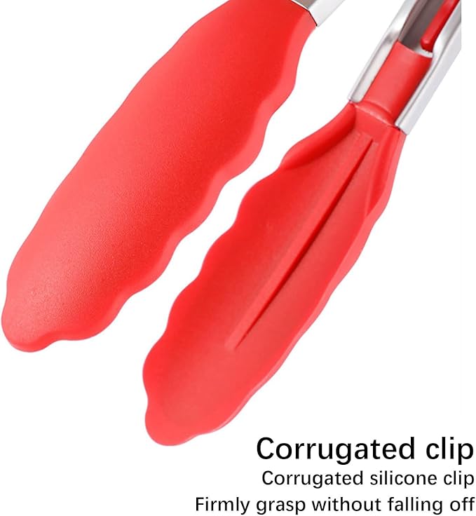 Tongs For Cooking - 7 inch Kitchen Tong with Silicone Tip, Heat Resistant Metal Food Tongs, Stainless Steel Non-Stick Kitchen Tongs for Salad, BBQ Baking, Grilling, Cooking, Dining (Red)
