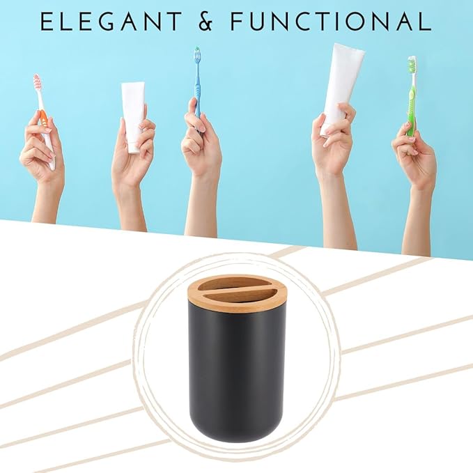 Black Toothpaste and Toothbrush Holder Padang with Bamboo Top - Chic Bathroom Organizer