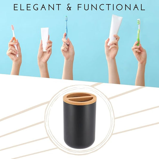 Black Toothpaste and Toothbrush Holder Padang with Bamboo Top - Chic Bathroom Organizer