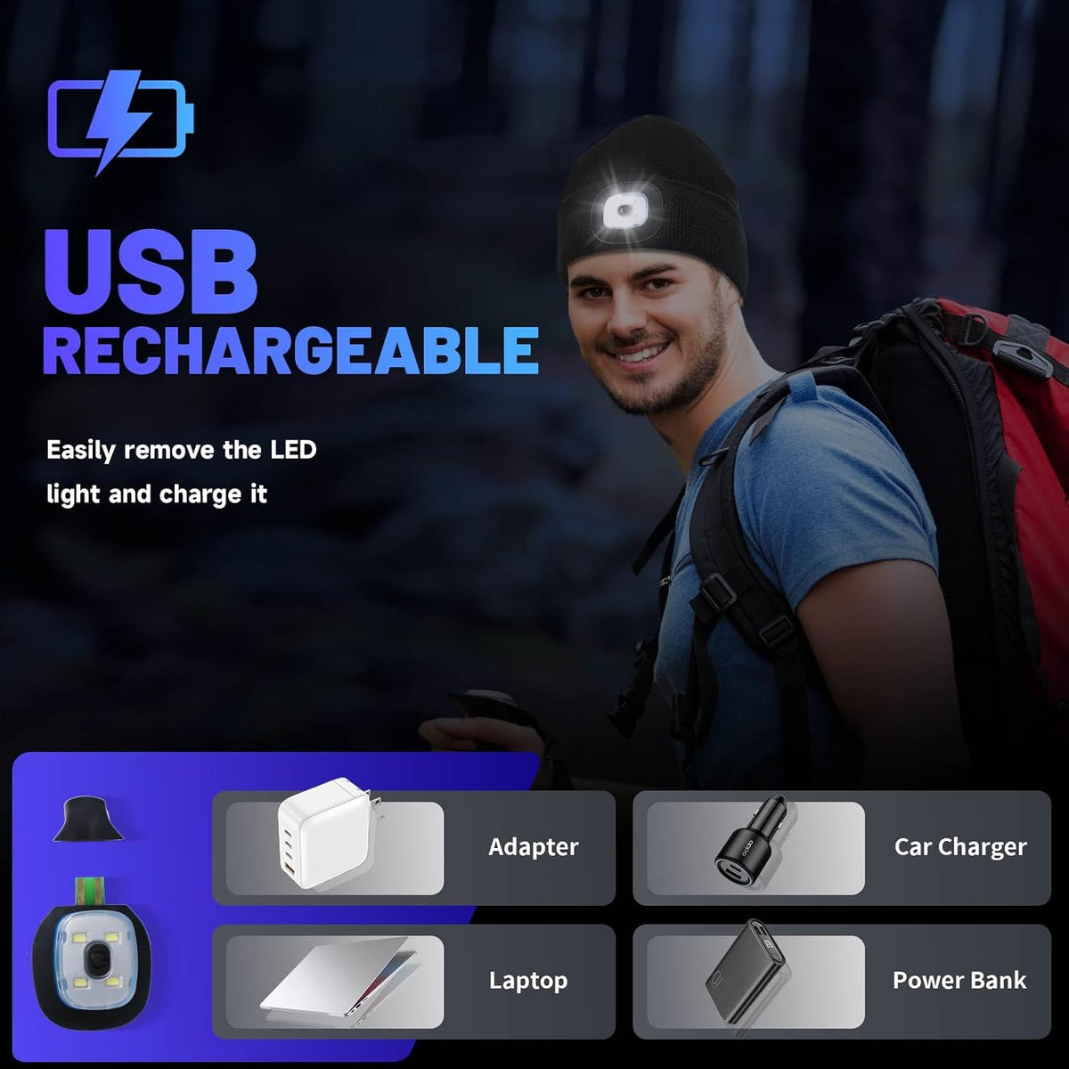 Keains Unisex Beanie with The Light ?Rechargeable LED Headlamp Cap? Warm Knit Hats for Winter Safety Gifts for Men Women Dad