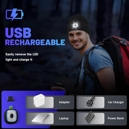 Keains Unisex Beanie with The Light ?Rechargeable LED Headlamp Cap? Warm Knit Hats for Winter Safety Gifts for Men Women Dad