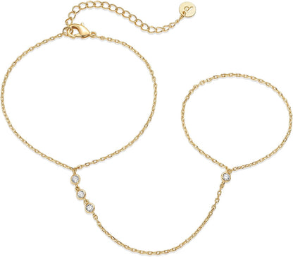 PAVOI 14K Gold Plated Hand Chains for Women - Adjustable Hand Chain Bracelet and Ring - Trendy Gold Handchain Bracelet Stack Summer Jewelry - Cubic Zirconia Body Jewelry