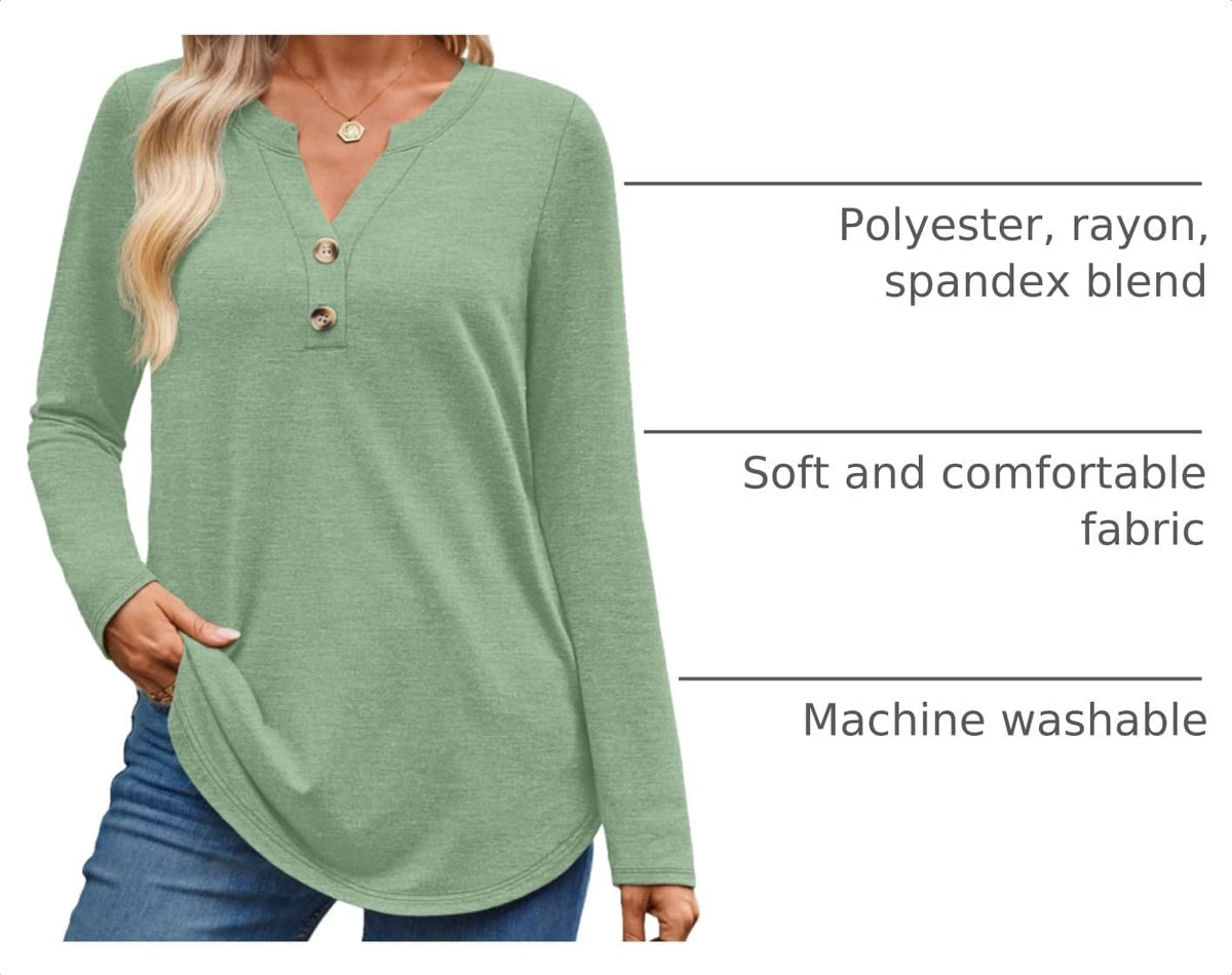 Size 4XL, WYNNQUE Womens Long Sleeve Shirts Business Casual Outfits Dressy Tops Blouses Henley V Neck Fall Clothes.