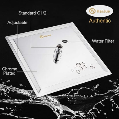 HarJue Shower Head, High Pressure Square, Stainless Steel Rainfall -Waterfall Full Body Coverage (12'' Shower, Chrome)