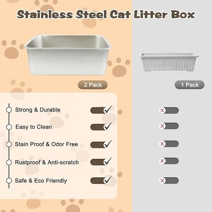 Rypet 2Packs Stainless Steel Litter Box Metal Litter Box for Cats High Back Litter Box Non-Stick Cat Poop BoxOoaEasy to Clean(17.7"13.8"5.9")