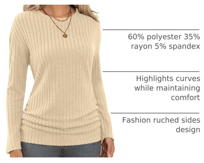 Large Bliwov Long Sleeve Shirts for Women Fall Fashion Outfits CrewNeck Tops Sides Ruched Spring Pullover Sweaters Tunic Clothes