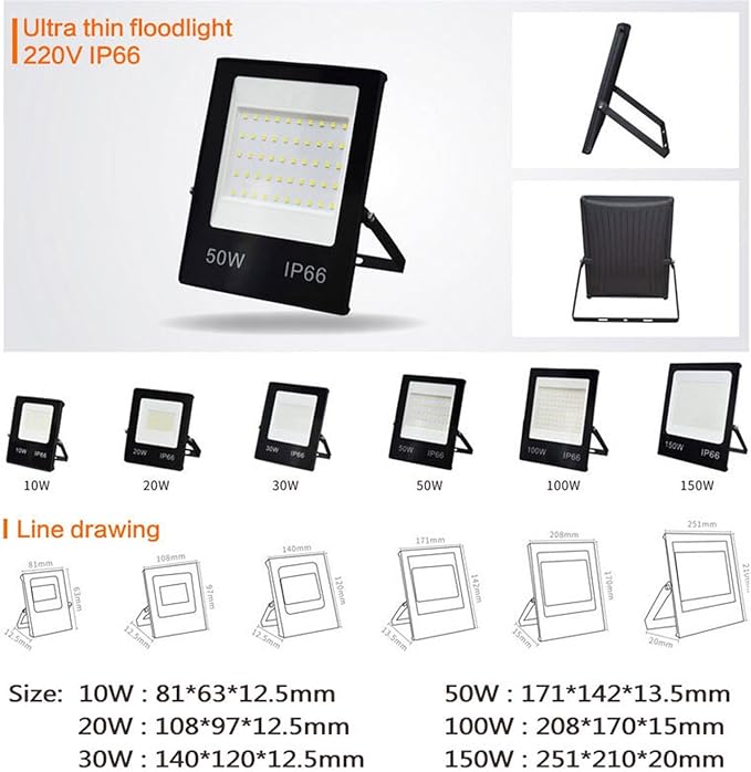 LED Flood Light IP66 Waterproof 50w 150w 30W 20W 220V Floodlights Wall Spotlights 230V Outdoor Lighting Cold White 10w 30w 50w (Color : Cold White 6000K, Size : 50W 220V)