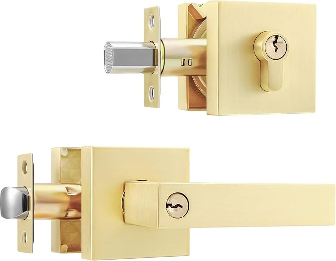 Leydebong 1 Pack Gold Entry Door Locksets with Single Cylinder Deadbolt, Front Door Lock Set, Heavy Duty Entrance Lever Door Handle Single Keyed Square Deadbolt Lock