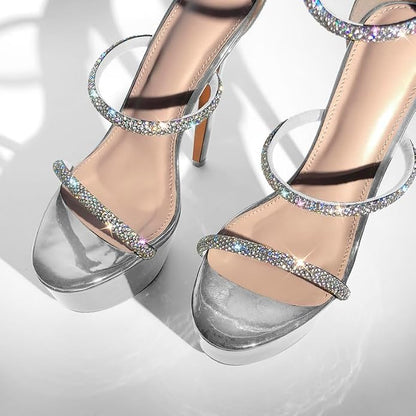Platform Heel for Women Crystal Sandals with Rhinestone Straps Buckle Stiletto High Heels