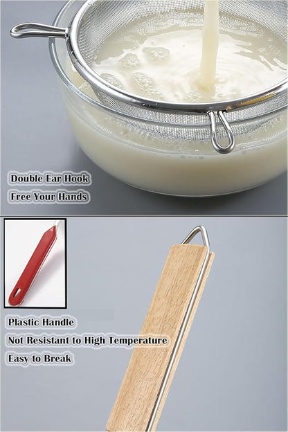 Fine Mesh Strainer 5" 6" 8", Stainless Steel 40 Mesh Sieve with Wooden Handle, Kitchen Metal Sifter Food Strainer for Quinoa, Pasta, Fruits, Vegetables, Rice, Set of 3